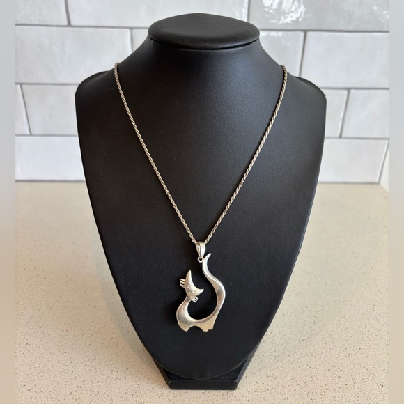 VTG Mid Century Modern 925 Sterling Silver Necklace Abstract Cat Pendant - Picture 1 of 9